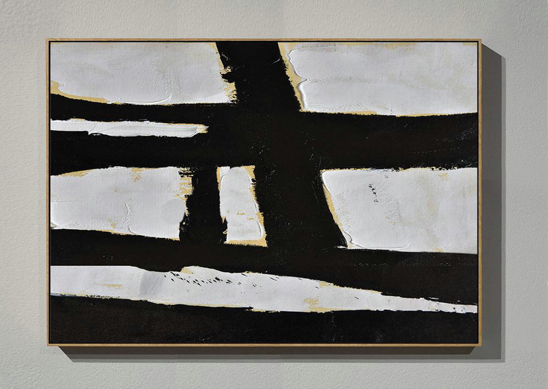 Modern Art Abstract Painting,Horizontal Palette Knife Minimal Canvas Art Painting Black White Beige - Original Modern Art,Large Wall Art Handmade